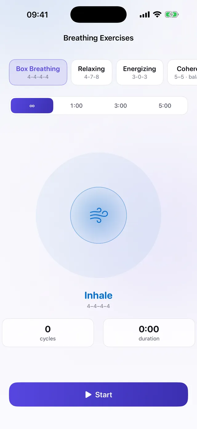 Unhook breathing exercise screen with box breathing 4-4-4-4 selected and an animated circle guiding the inhale.