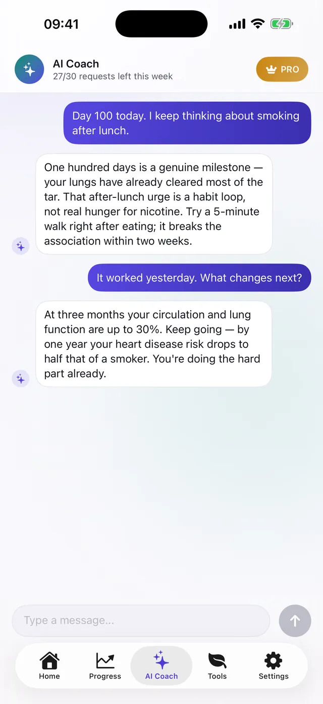 Unhook AI coach chat answering a question about an after-lunch craving on day 100 of quitting.
