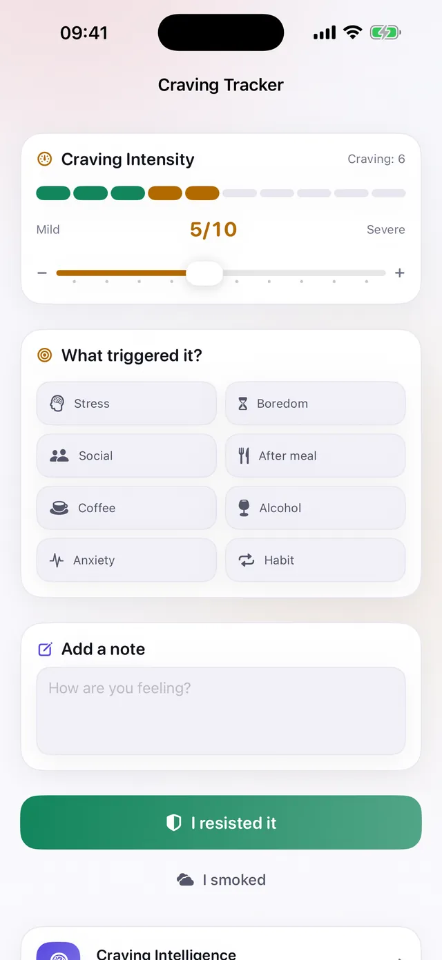 Unhook craving tracker with a 5 out of 10 intensity slider, trigger chips such as stress, coffee and after meal, and an "I resisted it" button.