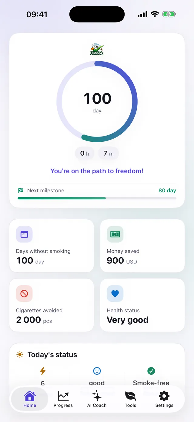 Unhook home screen showing a 100-day smoke-free ring counter above cards for money saved, cigarettes avoided and health status.
