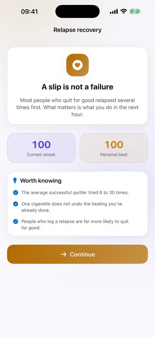 Unhook relapse recovery screen reading "A slip is not a failure", with current streak and personal best both at 100 days.
