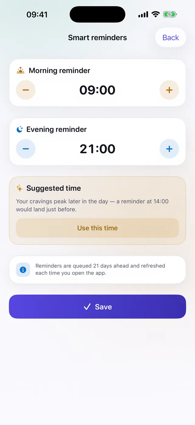 Unhook smart reminders screen with morning and evening reminders and a suggested 14:00 time based on logged craving patterns.