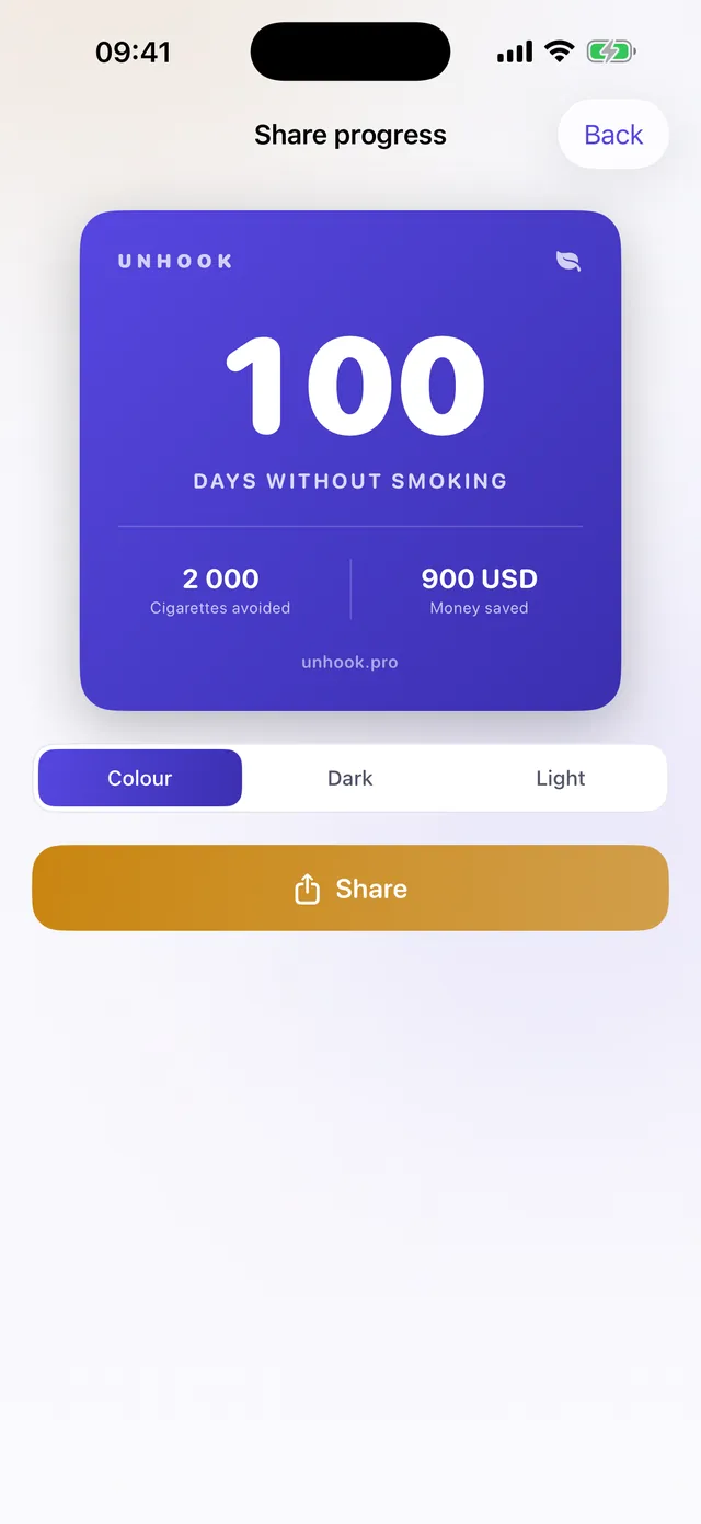 Unhook share card showing 100 days without smoking, 2,000 cigarettes avoided and 900 USD saved.