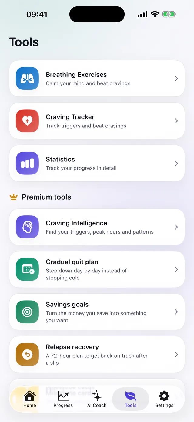 Unhook tools screen listing breathing exercises, craving tracker and statistics above the premium tools.